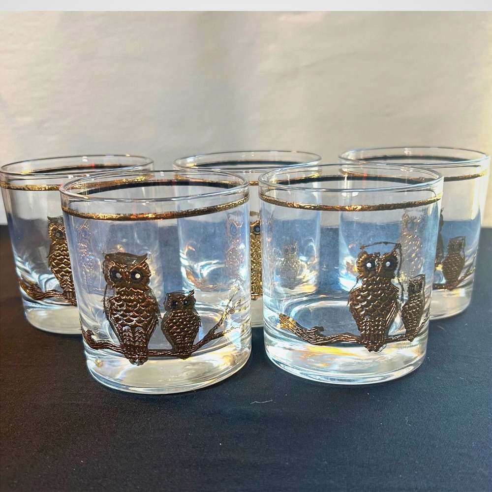 lot 5 vintage 1960s mcm culver glass 22k gold owls rocks lowball glasses barware